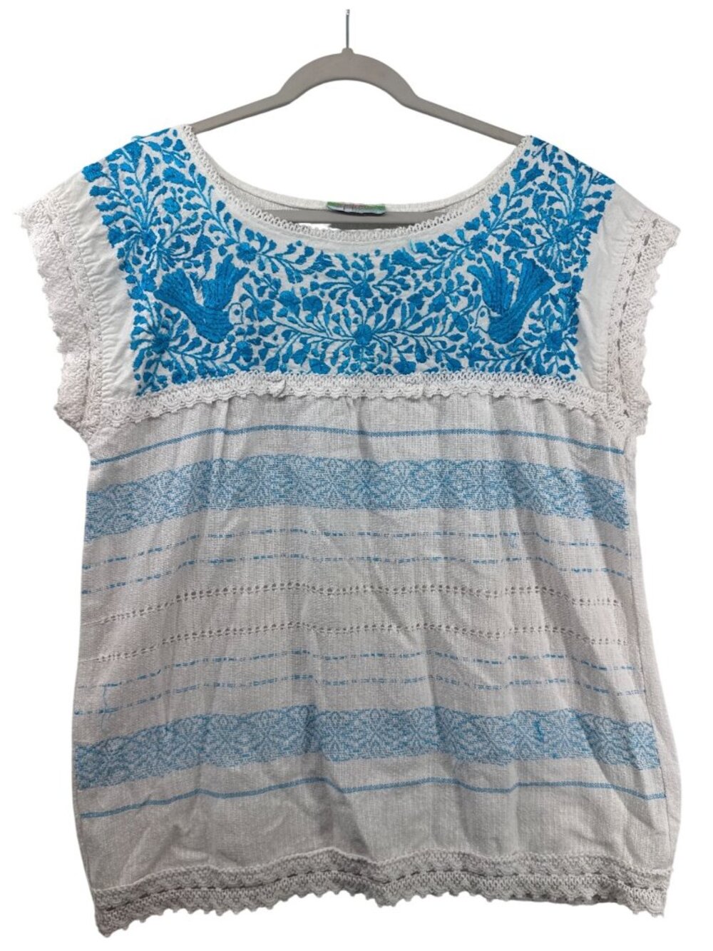 Nativa Womens Top Sz L White Turquoise Embroidered Boho Peasant Handmade Oaxacan